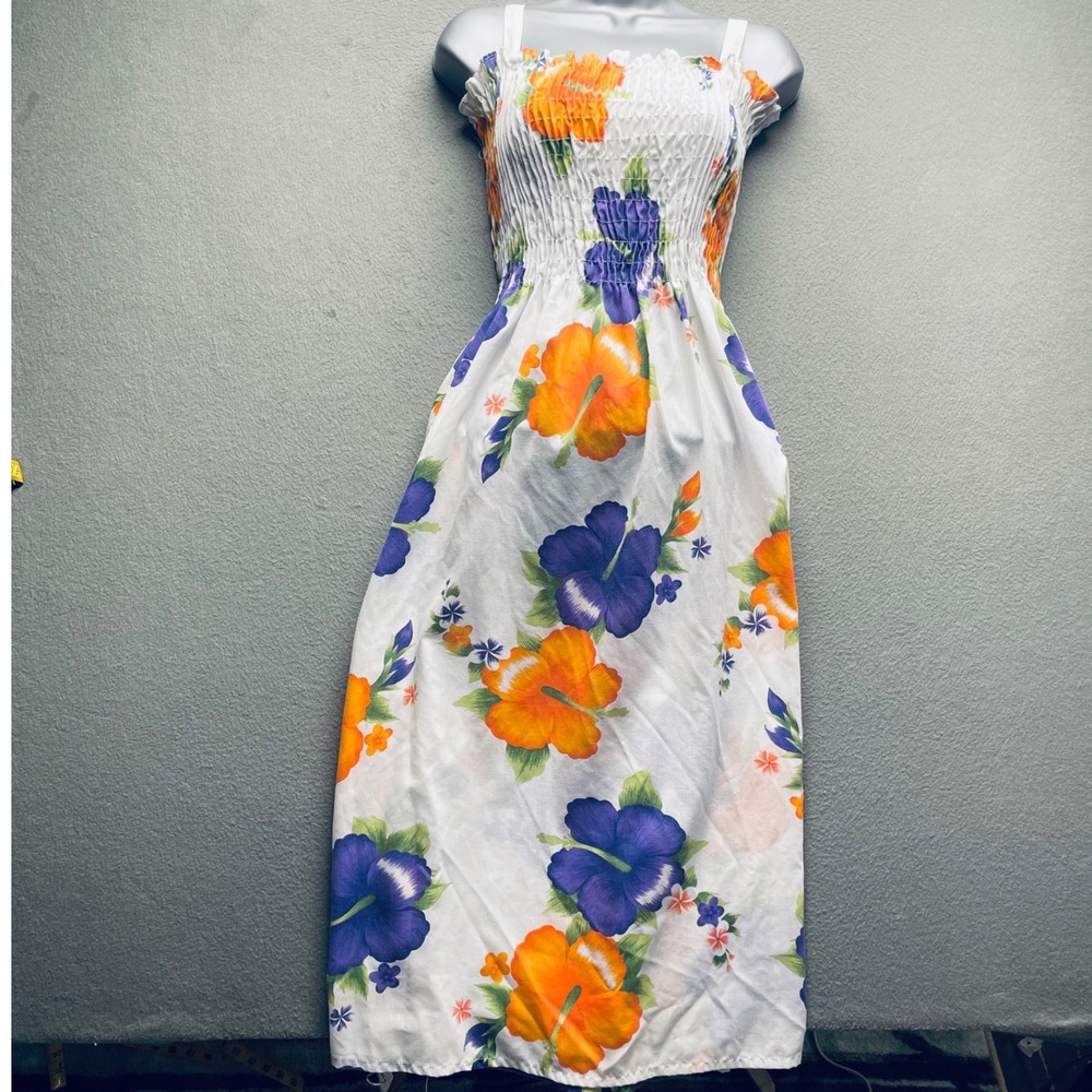 National For Her Women Maxi Dress Cotton Blend L Tropical Hibiscus Smocked Boho